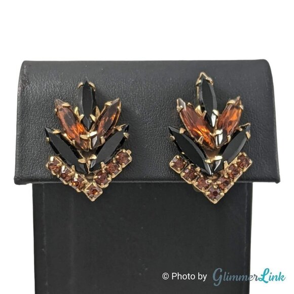 Vintage Brown Black Navette Chevron Gold Tone Clip On Earrings - Picture 1 of 9